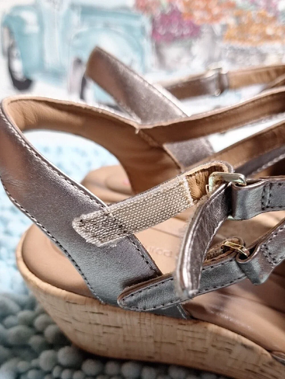 Clarks Metallic Silver Cork Wedge Sandals